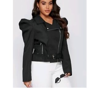SHEIN Black Puff-Sleeve Asymmetrical Zip Moto Jacket with Belt